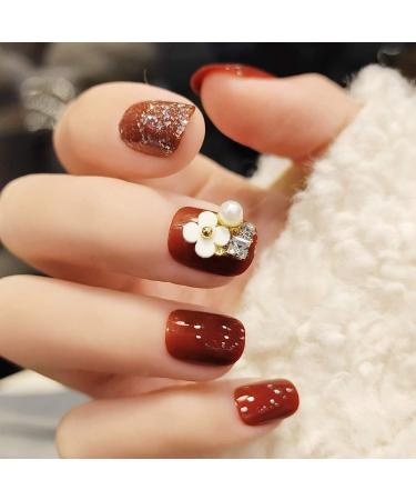Sethexy Glossy Squoval Short False Nails Flower Glitter Rhinestone Studs Wine Full Cover Acrylic Fake Nails Tips for Women and Girls - Buy Online on GoSupps.com
