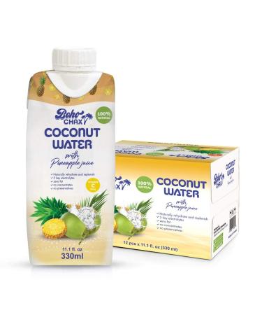 Boho Chax 100% Natural Coconut Water, Filled with Essential Vitamins and Electrolytes for Superior Hydration, Not From Concentrate, Pineapple Flavor, 11.16 Fl Oz (12-Pack)