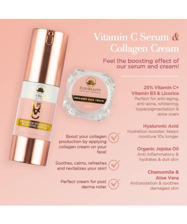 ZustBeauty 3-in-1 Derma Roller Kit with 0.3mm Titanium Microneedling Heads, Vitamin C Serum & Collagen Cream - Buy Online on GoSupps.com
