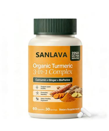 SanlavaTurmeric Complex Supplement Extract 2250mg Turmeric Curcumin Supplement with Curcumin Ginger and BioPerine Non-GMO Gluten Free 60 Vegetarian Capsules