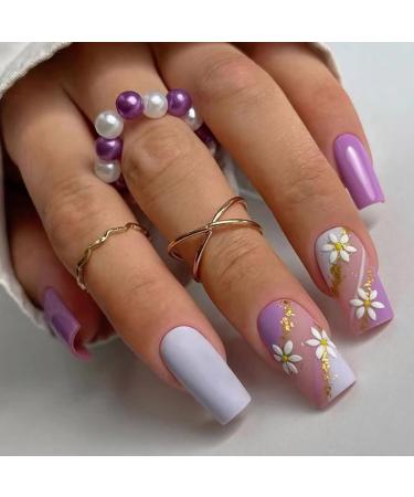 24 PCS Flower Press on Nails Matte Purple French False Nails Square Short Fake Nails Full Cover Stick on Nails for Women Girls Daily Wear Salon 08