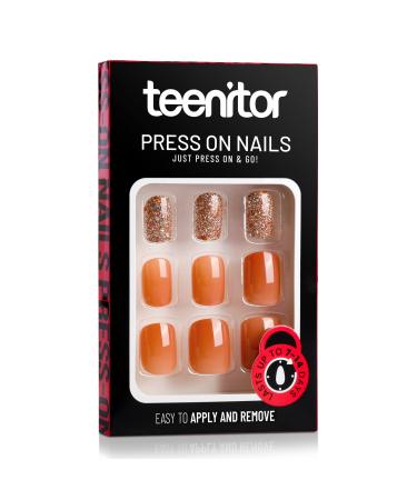 Teenitor Short Press On Nails  Square Press On Manicure  Nail Kit with 30 Fake Nails(24 Glorry Finish+ 6 Glitters Press On Nails)-Hot Cocoa