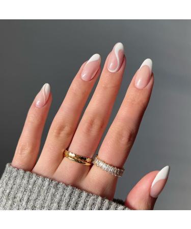 24Pcs/Set Press On Nails Medium Length White Lnes False Nails Acrylic Fake Nails Full Cover Nails Tips Artificial Finger Manicure Press on nails for Women and Girls