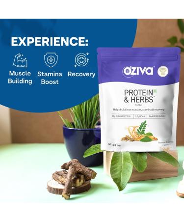 OZIVA Protein & Herbs for Men Banana Caramel Protein Powder for Men for Muscle Building Recovery and Better Stamina (with 23G Whey Protein + 15 Multivitamin for Men) Certified Clean 1Kg - Buy Online on GoSupps.com