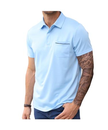 Lexiart Mens Athletic Golf Polo Shirts - Short Sleeve Workout Polos Quick Dry T-Shirt Large Sky Blue