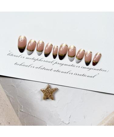 Almond French Tip Fake Nails with Gold Foil Leopard Designs - Glossy Acrylic False Nails for Women - DIY Brown Gold White - Glue On - Buy Online on GoSupps.com