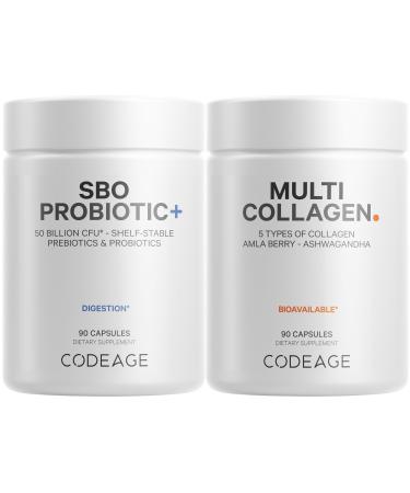 Codeage Multi Collagen Protein Capsules 5 Types Ashwagandha Withania Somnifera & Organic Amla Berry + SBO Probiotic Blend 50 Billion CFU Bundle Lactobacillus Plantarum Bacillus Subtilis Non-GMO