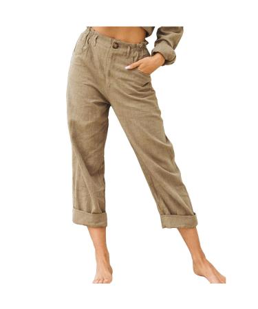 ZOOJINFAR Womens Cotton Linen Capris Straight Leg Crop Pants for Summer Casual Dressy Elastic Waist Trousers with Pockets Khaki X-Large