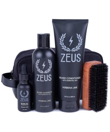 ZEUS Deluxe Beard Wash & Grooming Kit with Travel Toiletry Dopp Bag Natural Beard Oil Beard Wash Combo Beard Brush & Travel Toiletry Bag (Verbena Lime) Verbena Lime with Dopp Bag