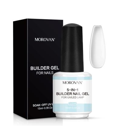 Morovan Clear Builder Gel for Nails - 5-in-1 Brush-On Builder Gel in a Bottle Professional Hard Gel for Quick Building Nail Extension Strengthen Soak-Off UV LED Builder Gel 15ml