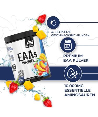 All Stars EAA Powder Strawberry Mango - High Dose 10 000mg EAAs & BCAAs with L-Leucine L-Valine L-Isoleucine - Sugar-Free 420g Supplement | International Shipping - Buy Online on GoSupps.com