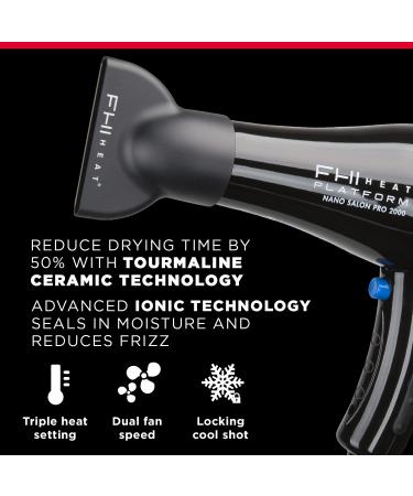 FHI HEAT Platform Nano Power Salon Pro 2000 Tourmaline Ceramic Hair Dryer with 3 Attachments - Black - Buy Online on GoSupps.com