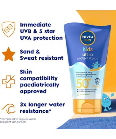 NIVEA SUN Kids Swim & Play SPF 50+ Lotion (150ml) - Water-Resistant Sunscreen for Effective UVB and 5 Star UVA Protection - Enriched with Dexpanthenol - Designs May Vary - Buy Online on GoSupps.com