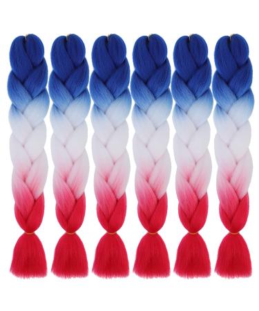 SHUOHAN 6 Packs Ombre Jumbo Braiding Hair Extensions 24 Inch High Temperature Synthetic Fiber Hair Extensions for Box Braids Braiding Hair (blue to white to red)