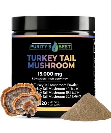 Purity s Best Turkey Tail Mushroom 15 000mg Strength Immune Gut Harmony & Energy Support Brain Microbiome Support 120 Vegan Capsules Non GMO Turkey Tail Extract Made in USA
