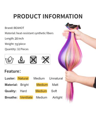 32 PCS Colored Clip in Hair Extensions - BEAHOT 20 Inch Rainbow Long Straight Hairpieces for Halloween Cosplay and Fashion Parties - Synthetic Hair Extensions for Women, Kids, and Girls - Buy Online on GoSupps.com
