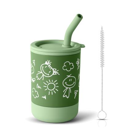Vicloon Silicone Snabure Cup silicone drinking cup for babies with lid straw brush beak cup made of silicone leak-proof dishwasher-resistant for small children from 1-3 years of green printed style