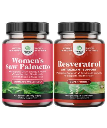 Bundle of Women's Saw Palmetto and Resveratrol Supplement - Saw Palmetto Extract Capsules with Maca Root & Biotin for Hair Loss and AMPK Metabolic Activator for Metabolism Boost & Cellular Efficiency