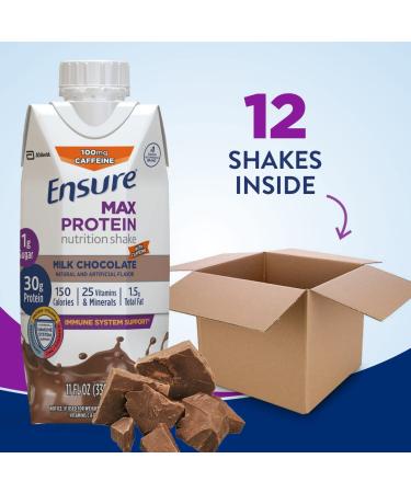 Ensure Max Protein Nutrition Shake - 30g Protein, 1g Sugar - Chocolate w/ Caffeine - 11 fl oz - Pack of 12 - Buy Online on GoSupps.com