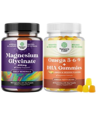 Bundle of Magnesium Glycinate 400mg Capsules for Mood Sleep and Relaxation Support and Omega 3-6-9 Vegetarian Gummies with DHA for Brain Heart Bone and Joint Health for Adults