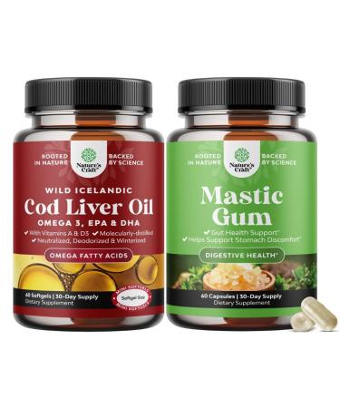 Bundle of Icelandic Wild Caught Cod Liver Oil Softgels - Fish Omega 3 EPA DHA Vitamin D & A 1000mg Per Serving and High Strength Mastic Gum Capsules - Herbal Digestion Providing Upset Stomach Relief