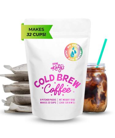 DRINK KATY'S Cold Brew Coffee Bags - Brew In Any Container, Just Add Water, No Coffee Ground Mess - Keto, Sugar Free, Smooth, Bold, Not Bitter - Woman Owned - 6 Large Pitcher Packs (Makes 32 Cups)