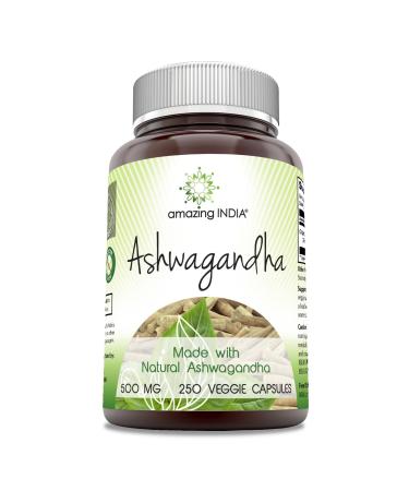 Amazing India Natural Ashwagandha | 500 Mg Per Serving | Veggie Capsules | Non-GMO | Gluten Free | Made in USA (250)