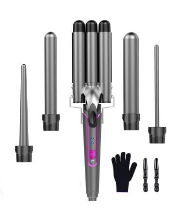 Lockenstab set 5 in 1 wave iron - curly bars 3 barrels for large no curls ceramic curly winder with different attachments Temperature adjustment fast heating with glove and 2 clips gray 5 in 1