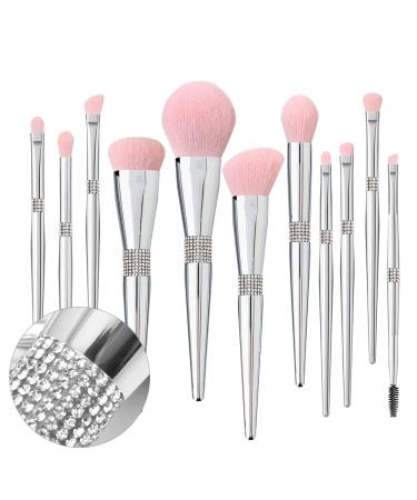 Professional Makeup Brush Set Luxury 11pcs Silver Glitter Crystal Make Up Brush Kit Vegan Soft Synthetic Hair Foundation Eyeshadow Eyebrow Lip Cosmetic Brush Set With Gift Box For Girl