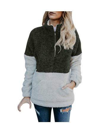 Bigfanshu Womens Tops Winter Warm Long Sleeve Stitching Leopard Plush Blouse Coat Sweater Green