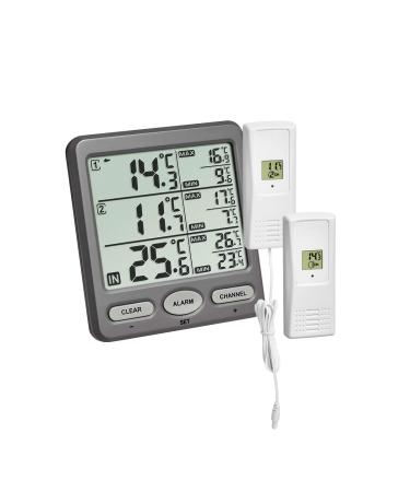 TFA Dostmann Trio radio thermometer with 2 transmitters waterproof cable sensor ideal for cooling devices/aquarium/pool L 116 x B 24 (64) x H 126 mm gray
