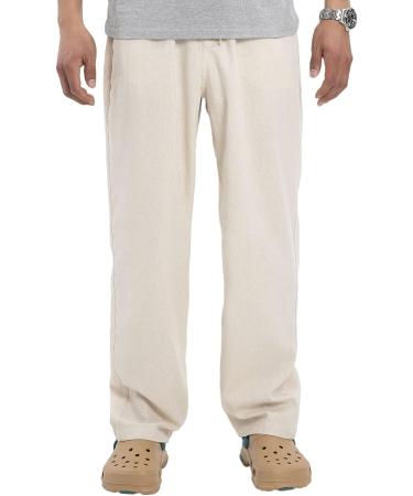 Bonnorth Men's Linen Loose Drawstring Elastic Waist Wide Leg Casual Pants in Khaki - Size XL - Buy Online on GoSupps.com