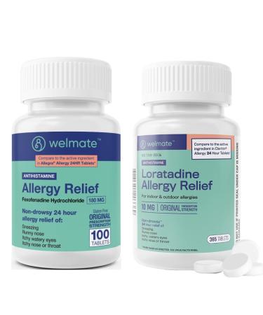 WELMATE Dual Allergy Relief Bundle | Fexofenadine 180mg + Loratadine 10mg | Non-Drowsy 24 Hr Antihistamines | 200 + 365 Tablets