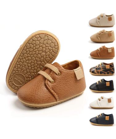 Sonsage Infant Baby Boys Girls Oxford Shoes Pu Leather Lace-Up Anti-Slip Trainer Soft Rubber Sole Toddler First Walking Sneakers 0-6 Months A Brown