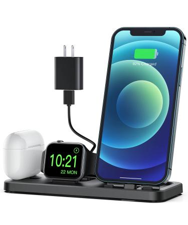 CEREECOO Portable 3 in 1 Charging Station for Apple Product, Foldable Travel Charger Stand for iWatch 8/7/6/SE/5/4/3/2/1,for iPhone AirPods Pro/3/2/1 Charging Dock(with 12W Adapter and Cable)-Black