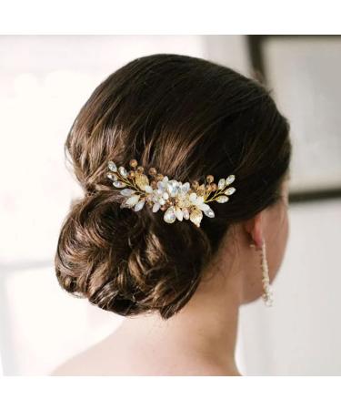 Crystal Bride Wedding Hair Comb Rhinestone Side Comb - Gold Leaf Hair Accessory for Women - Buy Online on GoSupps.com