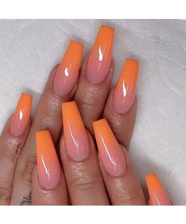 French Press on Nails Long Coffin Fake Nails Full Cover False Nails with gradient Design Acrylic Nails for Women and Girls 24Pcs (orange)