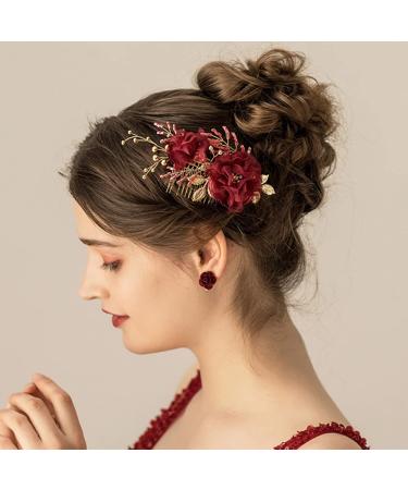 Asphire Handmade Bridal Red Flower Hair Comb Vintage Lace Floral Leaf Hair Piece Elegant Women's up-do Side Comb Bridesmaid Headpiece for Wedding