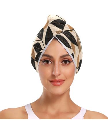 Black Brown Leaves Hair Towel 2 Pack Super Absorbent Hair Drying Towel Quick Dry Hair Turbans Head Towel with Button Twisty Wrap for Women Girls