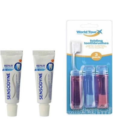 Oral Care Travel SET- Toothpaste 2X15ml and 3 Travel Toothbrushes- Fold Up Foldable Toothbrush Holiday
