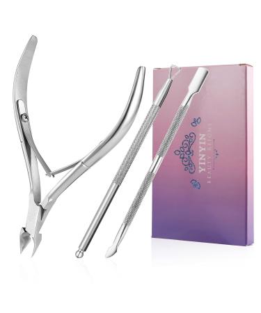 Cuticle Trimmer with Cuticle Pusher -YINYIN Cuticle Remover Cuticle Nippers Professional Stainless Steel Cuticle Pusher and Cutter Clippers Durable Pedicure Manicure Tools for Fingernails and Toenails Silver