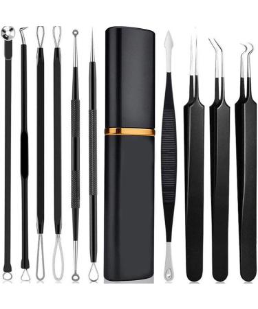 10pcs Pimple Popper Tool Kit Stainless Steel Blackhead Remover Tool Comedones Extractor for Forehead Facial Nose Lightweight Acne Needle Tool with Metal Case(black)