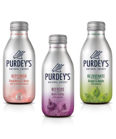 Purdey's Natural Energy Variety Pack - Rejuvenate Grape & Apple Refocus Dark Fruits Replenish Raspberry & Rose with Ginseng and Guarana Sparkling Drink Bottles 330ml (Pack of 3) rape & Apple Dark Fruits Raspberry & Rose Pack of 3