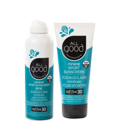 All Good Sport Face & Body Sunscreen - UVA/UVB Broad Spectrum Water Resistant Coral Reef Friendly - 30 SPF Sunscreen Spray & Lotion 2-Pack