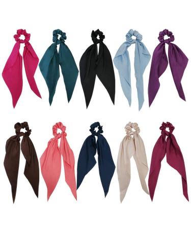10 Pieces Solid Silky Satin Chiffon Hair Ties with Long Ribbon Bow Tail Hair Scrunchies Ponytail Holders Rubber Bands Hair Accessories for Women Girls