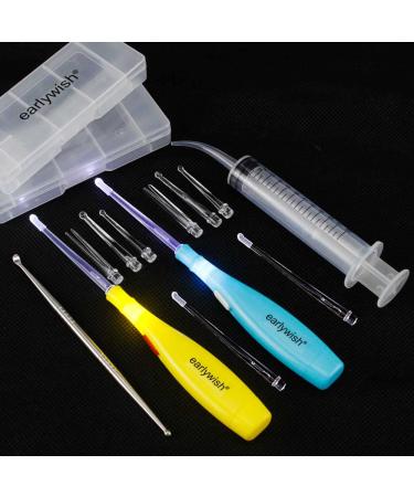 Earlywish Professional Upgraded 6.75" Long Tonsil Stone Removing Tool LED Light 2 Sets Color Blue + Yellow 5 Tips Each Color + 1 Stainless Steel Tonsillolith Pick + 1 Irrigation Syringe Oral Clean Blue+yellow