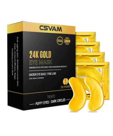CSVAM Under Eye Mask for Dark Circles and Puffiness - 20 Pairs 24k Gold Anti Aging Eye Collagen under Eye Patches  Eye Pad Gel Mask Pads for Puffy Eyes and Bags  Wrinkle and Dark Circles Gel