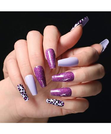 Sethexy Long Purple Ballerina False Nails - Leopard Sparkle Acrylic Nail Tips (24pcs) for Women & Girls - Buy Online on GoSupps.com