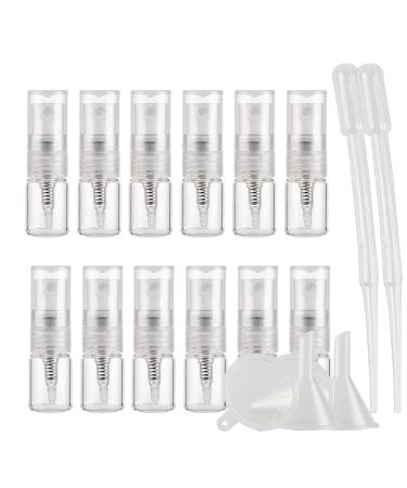 TIANZD Pack of 25 Empty 2ml Clear Transparent Glass Fine Mist Pump Spray Bottles Travel Mini Portable Spray Perfume Cosmetic Containers Sample Vials Refillable with Funnel and Dropper