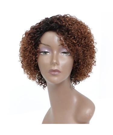 HUA Short Wigs for Black Women Human Hair Ombre Color Kinky Curly Short Brown Wig with bangs Brazilian Colored Curly Human Hair Wig None Lace Front Wigs Glueless WIG ombre brown